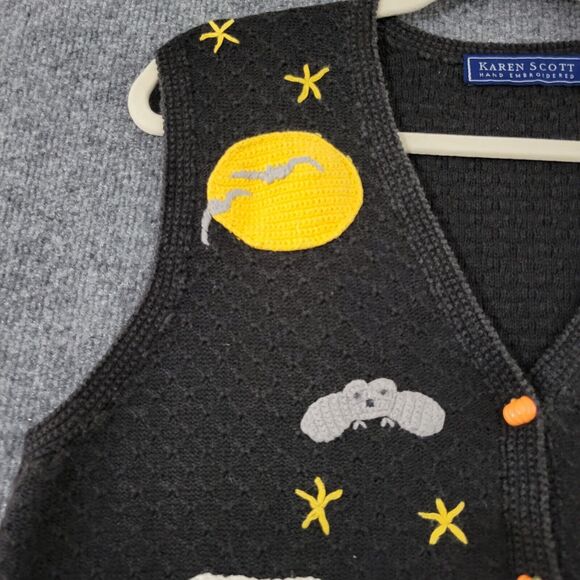KAREN SCOTT Hand Embroidered Novelty Halloween Pumpkin Ghost Vest SIZE MEDIUM - Picture 6 of 11